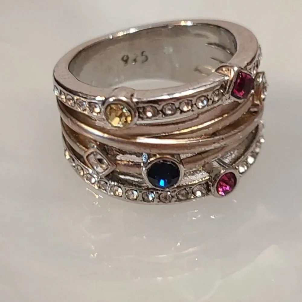 925 Sterling Silver Rainbow CZ Ring Size 6 Multi Color Gem Wide Statement Band